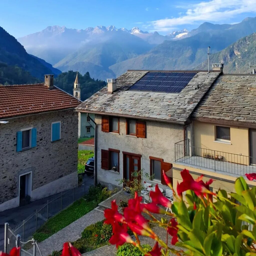 Blick auf Chiavenna, im Hintergrund Berge, im Vordergrund rote Blumen.